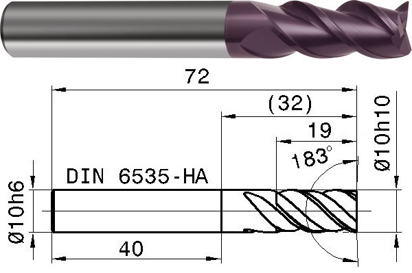 Фреза концевая ц/хв 10х19х72 z=3 VHM 5506-10.00 DIN 6527 GUHRING