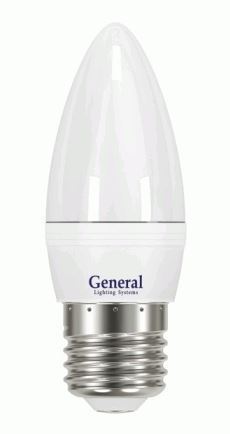 Лампа светодиодная Е27 7Вт 6500К свеча C37 матов.General